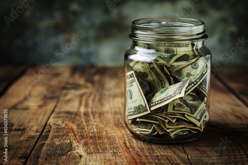 Money Savings: Dollar Bills in Glass Jar on Wooden Table Concept