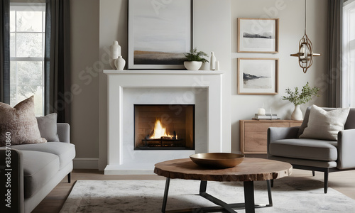 Elegant living room interior with a lit fireplace, comfortable furniture and tasteful art, exuding warmth and contemporary style
