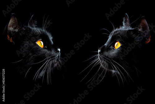 Two black cats with yellow eyes look at each other on a black background