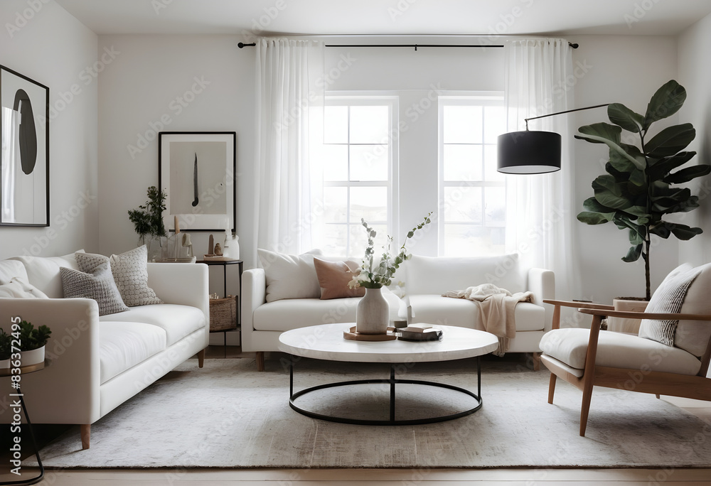 Contemporary and cozy home atmosphere with stylish furnishings, comfortable seating, natural light, and neutral tones in the spacious living room Contemporary and cozy home atmosphere with stylish furnishings, comfortable seating, natural light, and neutral tones in the spacious living room