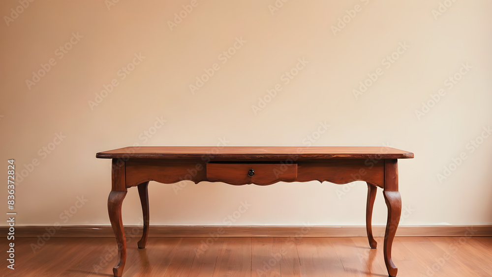 Retro wooden table in front of cream wall. Generative AI Retro wooden table in front of cream wall. Generative AI