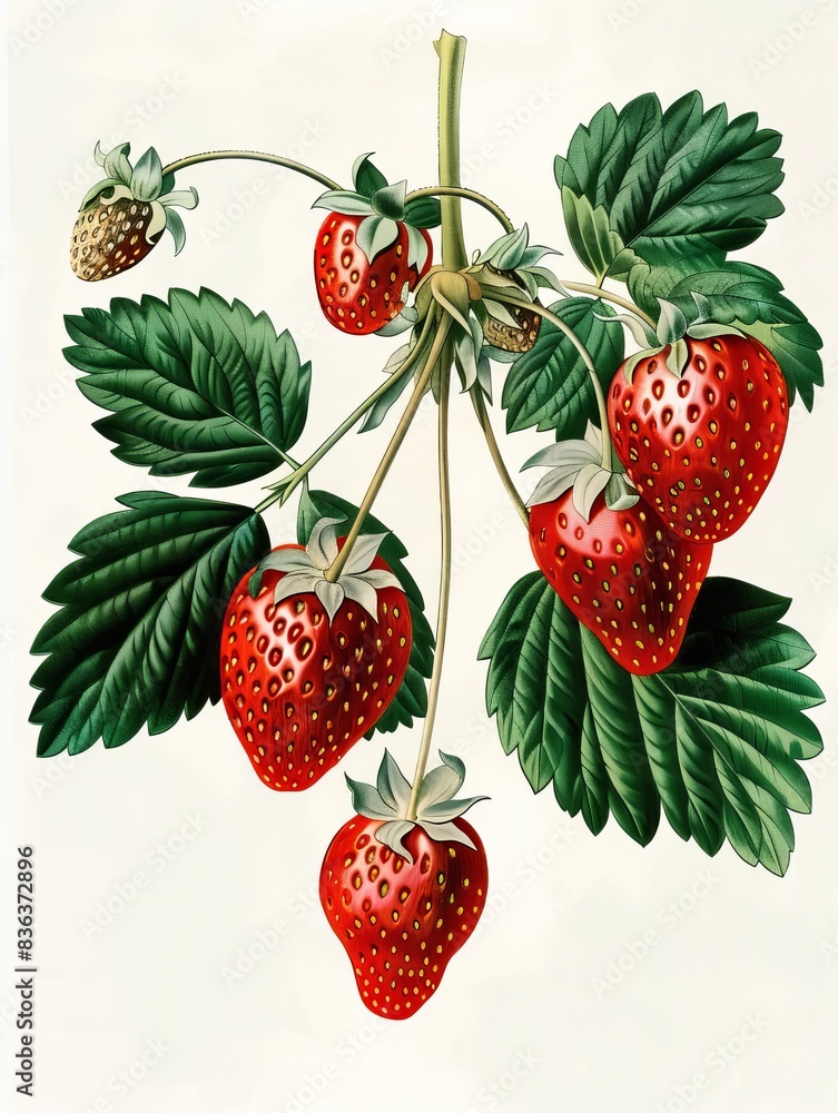 Fresh Strawberries Hanging from a Green Plant Branch with Lush Leaves and White Background. Botanical Illustration style. Fresh Strawberries Hanging from a Green Plant Branch with Lush Leaves and White Background. Botanical Illustration style.