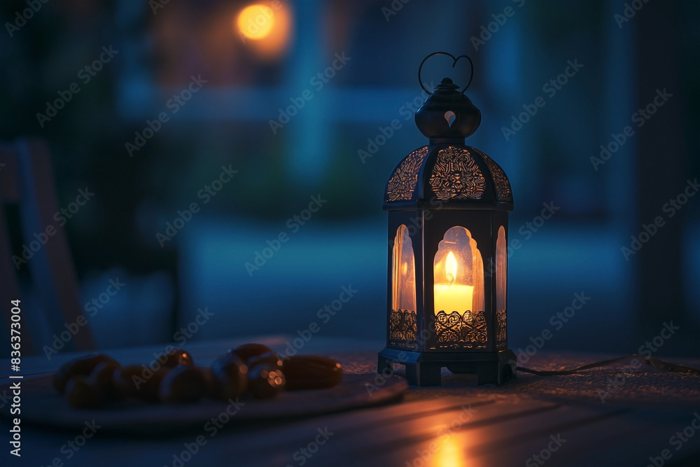 Ramadan lantern with traditional dates at night on a table. Eid al Adha,Eid Mubarak,Eid al fitr, Ramadan Kareem Ramadan lantern with traditional dates at night on a table. Eid al Adha,Eid Mubarak,Eid al fitr, Ramadan Kareem