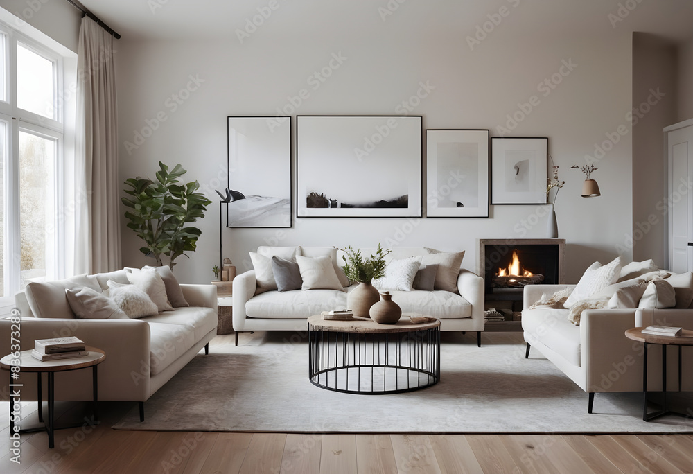 Elegant living room with comfortable sofas, a warm fireplace, and neutral tones accented by greenery and tasteful wall art Elegant living room with comfortable sofas, a warm fireplace, and neutral tones accented by greenery and tasteful wall art