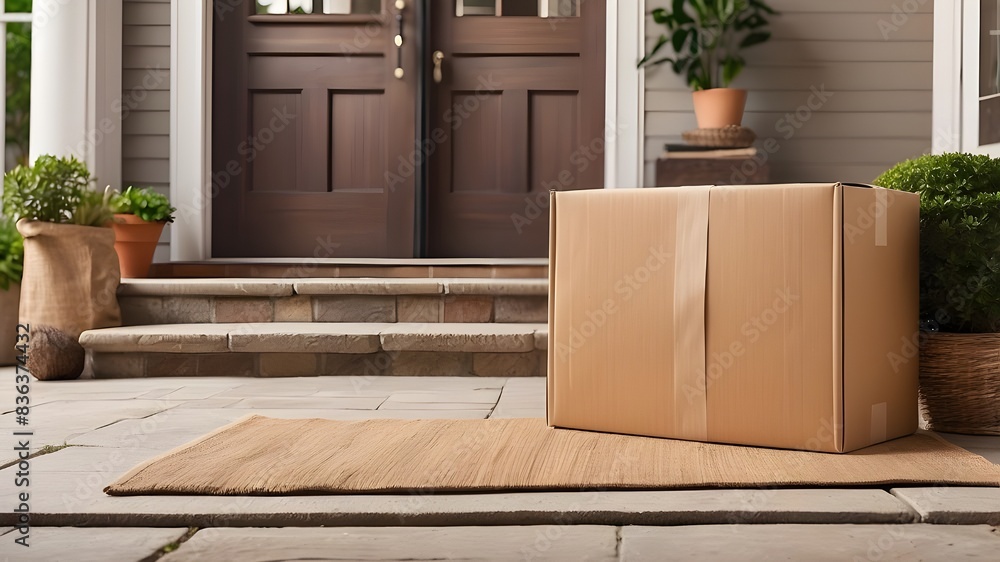 A cardboard box delivered near the outdoor entry on a welcoming doormat, with pieces from the box spread on the carpet close to the entryway inside. The image captures the concept of expedited home de A cardboard box delivered near the outdoor entry on a welcoming doormat, with pieces from the box spread on the carpet close to the entryway inside. The image captures the concept of expedited home de