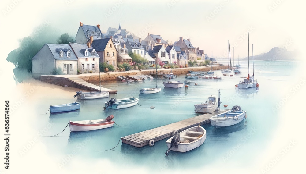 Fototapeta premium Watercolor Painting of a Coastal Town with Boats