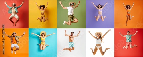 Summer people collection set  diverse people jumping on colorful background  many people funny jump wearing summer outfit fashion ready for swim and summer activity  summertime  beachwear AIG48
