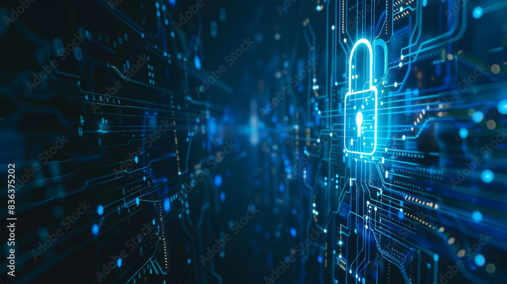 Obraz premium Illustration of cybersecurity concept highlighting user privacy security and encryption for secure internet access. Futuristic theme with a screen padlock symbol. 