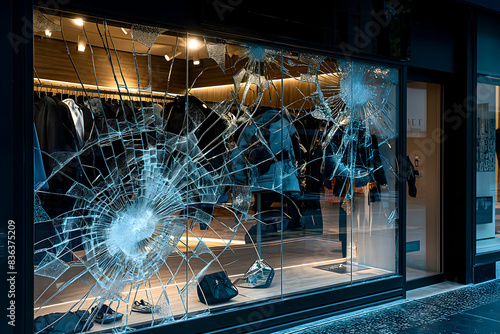 A broken glass display case in a modern commercial building, which is the result of vandalism or an accident. . Ideal for making safety reports, incident documentation, or facility maintenance,