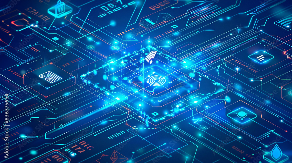 Fototapeta premium Illustration showcasing cybersecurity elements such as antivirus alerts firewall protection and technology safeguards.