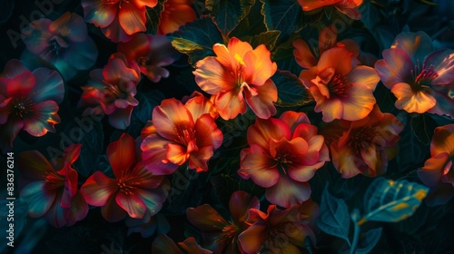 A bouquet of fiery blossoms glowing in the darkness, their vibrant colors creating a mesmerizing display