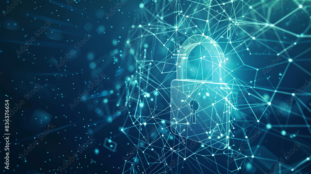 Fototapeta premium Lock symbol in a digital network made of lines and triangles blue background with glowing points cyber security theme futuristic design