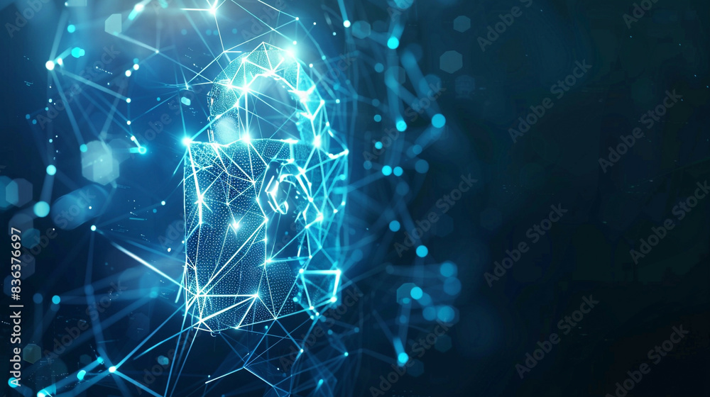 Lock symbol in a digital network made of lines and triangles blue background with glowing points cyber security theme futuristic design Lock symbol in a digital network made of lines and triangles blue background with glowing points cyber security theme futuristic design