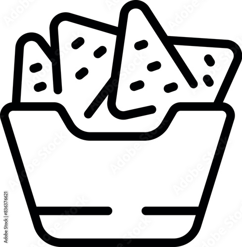 Black and white vector drawing of a bowl full of nacho chips, perfect for menus and food designs