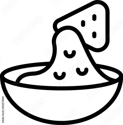 Black and white line art illustration of a bowl of nacho cheese dip with a chip