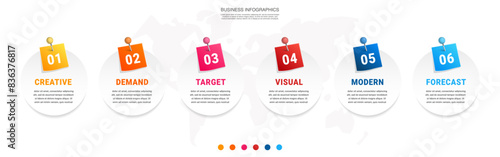Vector infographic design template. Modern timeline concept with six steps, circles. Vector illustration used for diagram, workflow layout, banner, web-design