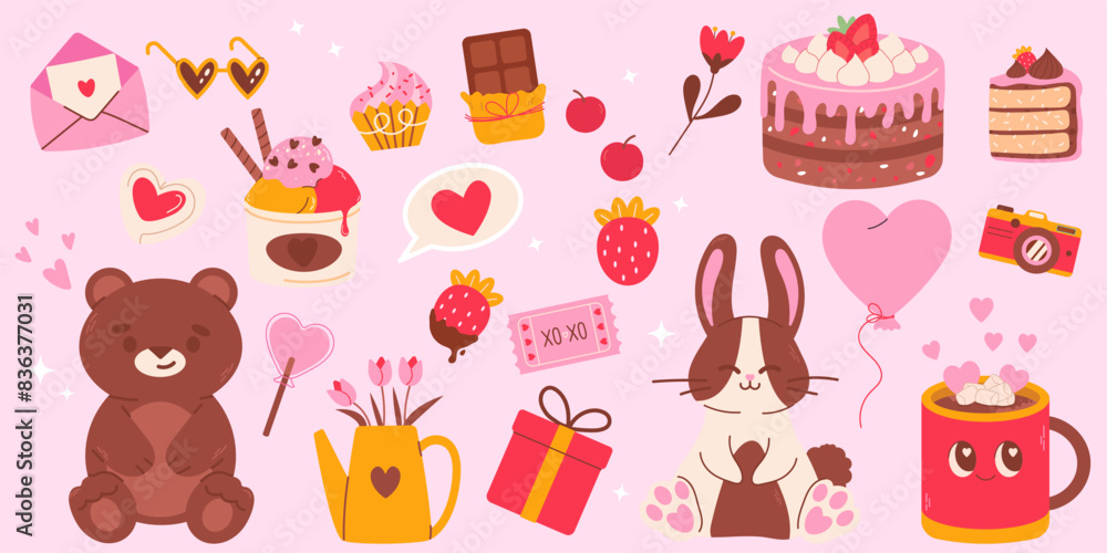 Set of cute birthday party, Valentines Day elements with heart and other elements. For website banner, Sale, Valentine card, cover, flyer or poster trendy vector illustration. Retro style, self love. Set of cute birthday party, Valentines Day elements with heart and other elements. For website banner, Sale, Valentine card, cover, flyer or poster trendy vector illustration. Retro style, self love.