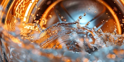 Closeup of water splashing in a washing machine drum under neon light. Concept Neon Lighting, Water Splashing, Washing Machine, Close-up Photography, Abstract Art photo