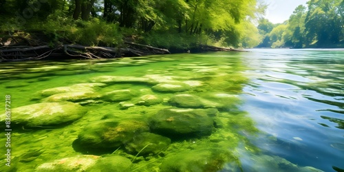 The Global Impact of Harmful Algal Blooms Caused by Bluegreen Algae Cyanobacteria. Concept Water Pollution, Environmental Impacts, Public Health Risks, Eutrophication, Algal Bloom Management photo