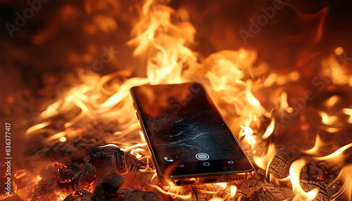 Mobile phone battery overheated burning flames. Smartphone on fire. Burning smartphone with bad battery exploded or overloaded processor Overprocessed photo