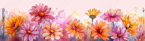 Calendula watercolors bloom on a pastel pink backdrop in a floral border illustration