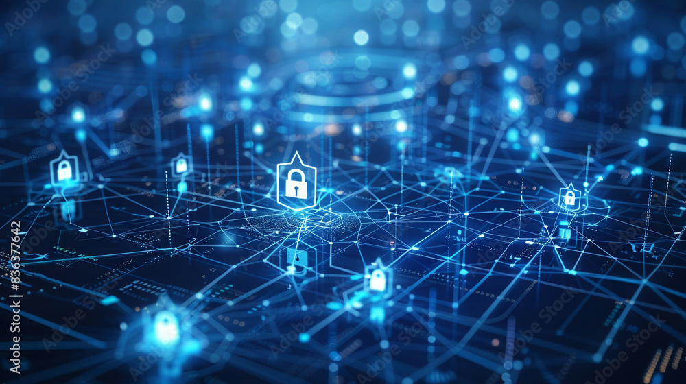 Privacy safety and data protection concept featuring lock and shield icons blue tech-themed background with detailed network elements focusing on security Privacy safety and data protection concept featuring lock and shield icons blue tech-themed background with detailed network elements focusing on security