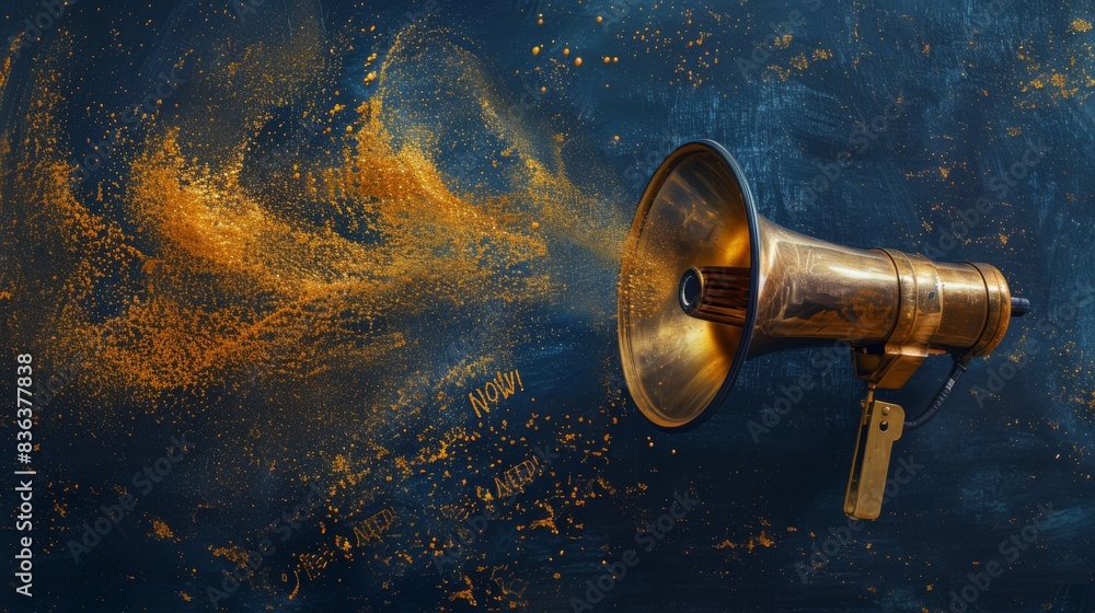 Fototapeta premium An Old Fashioned Megaphone Is Spewing Yellow Paint on a Blue Background - Generative AI