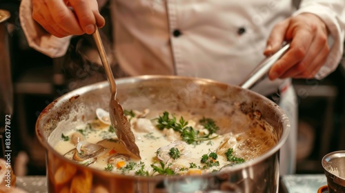A chef preparing oyster stew in a large pot, simmering the bivalves with cream, herbs, and vegetables for a rich and savory dish. photo