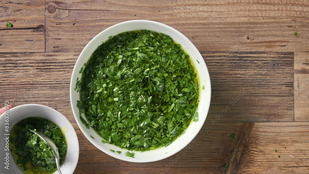 chef puts spoon of chopped parsley mixed with oil in a white bowl on the kitchen wooden table to prepare a healthy meal. food closeup, top view chef puts spoon of chopped parsley mixed with oil in a white bowl on the kitchen wooden table to prepare a healthy meal. food closeup, top view