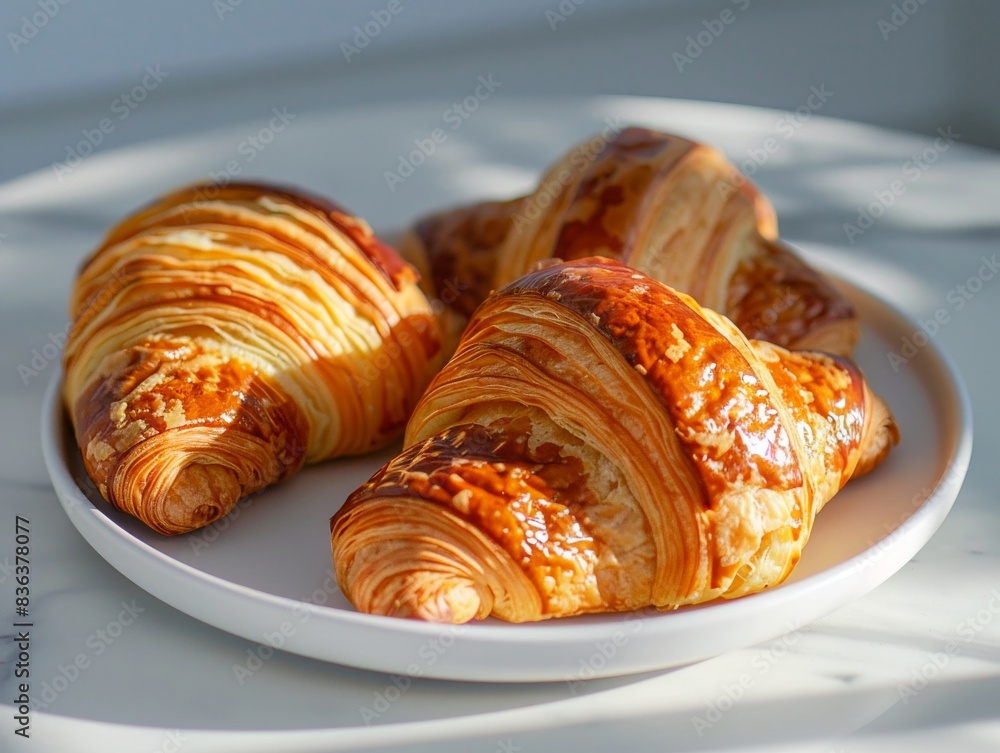Classic French croissant on a white plate, flaky golden layers, sunlight illuminating the surface, minimalistic background Classic French croissant on a white plate, flaky golden layers, sunlight illuminating the surface, minimalistic background