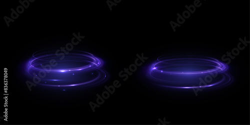 Portal light effect on a dark background. Light bright blue swirl. Bright light round teleport podium. Magic gate in a fantasy game. Vector 10 EPS
