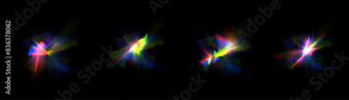 Rainbow rays of light distortion, lens flare, reflection effect from a crystal, glass or gemstone. Vector realistic set of light effects with spectral flare, prism refraction, lens flare. Vector