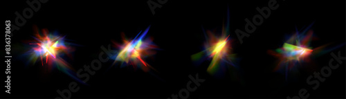 Rainbow rays of light distortion, lens flare, reflection effect from a crystal, glass or gemstone. Vector realistic set of light effects with spectral flare, prism refraction, lens flare. Vector
