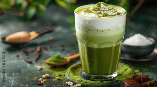A cup of matcha latte with green milk foam on a wooden table in a cafe. A fashionable drink, an alternative to coffee, cappuccino.
