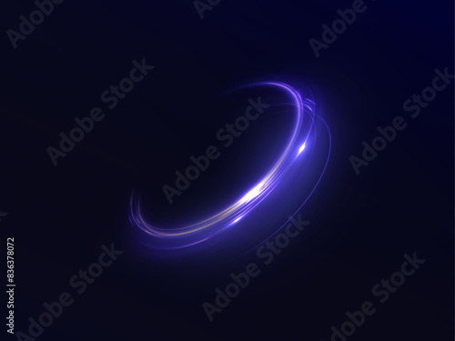 Dynamic blue lines of light with glow effect. Rotating light shiny half rings. Abstract sparkling dynamic light speed lines. Vector 10 EPS