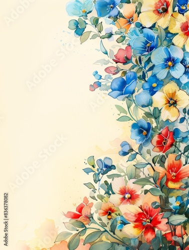 A beautiful watercolor illustration of cineraria surrounded by a floral border  set against a pale yellow backdrop