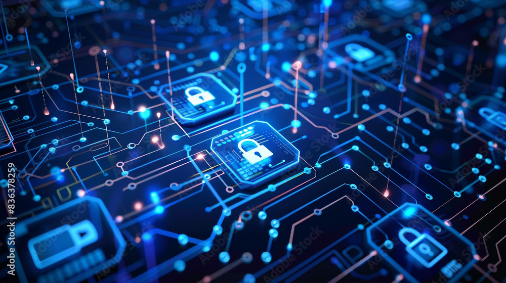 Secure technology network data connection featuring digital data network and cyber security elements blue background with intricate network details Secure technology network data connection featuring digital data network and cyber security elements blue background with intricate network details