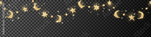 Ramadan or Al-Adha traditional decoration. Garland with hanging crescents and stars. Golden glitter ornaments. Muslim holidays border, frame. Transparent background can be removed in vector file.