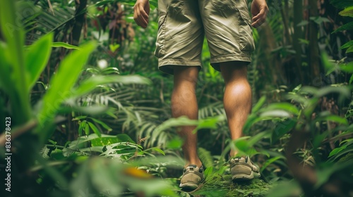 In a rainforest  a man in cargo shorts and trekking shoes explores  captivated by the lush flora and wildlife.