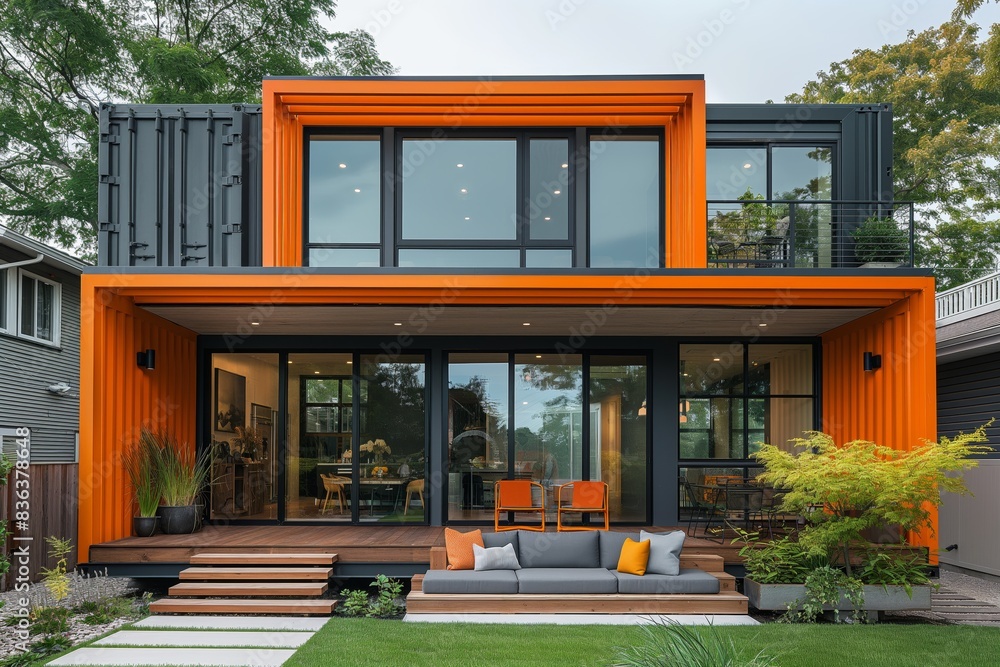 modern black orange container house exterior with garden, minimalism design, idea for sustainability for environmental preservation real estate concept,