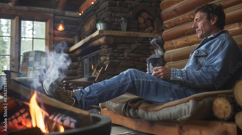 In a cozy cabin, a man in denim and moccasins enjoys coffee by the fire, surrounded by vintage decor. In a cozy cabin, a man in denim and moccasins enjoys coffee by the fire, surrounded by vintage decor.
