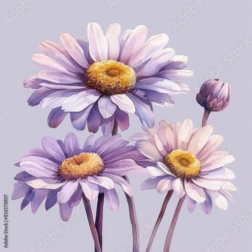 Watercolor illustration featuring a daisy within a floral border  isolated on a lavender background