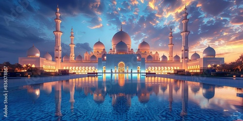 Glowing Splendor: Sheikh Zayed Grand Mosque in the Darkness, generative ai photo