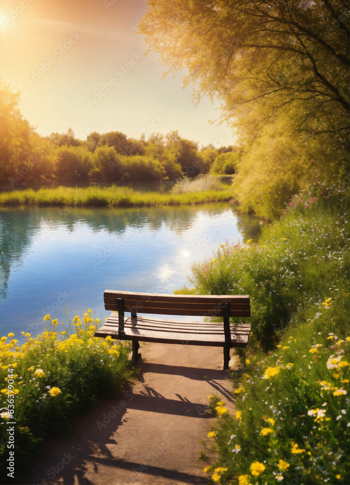 Naklejka premium Beautiful Summer Landscape with Wooden Bench