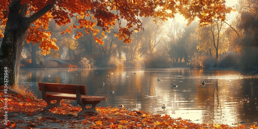 Rustic Bench Under Canopy of Trees in Autumn, generative ai Rustic Bench Under Canopy of Trees in Autumn, generative ai
