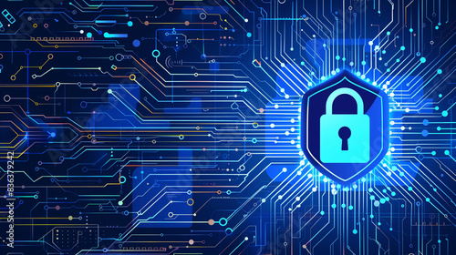  illustration of cyber technology security network protection theme with lock iconand detailed connections  photo