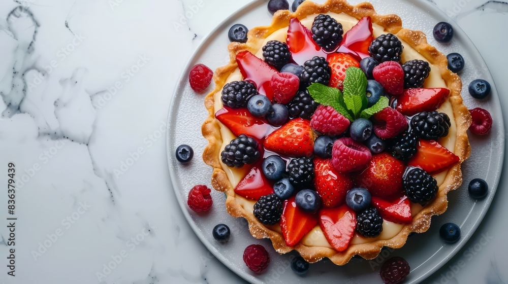 A delicious looking fruit pie with strawberries, blueberries A delicious looking fruit pie with strawberries, blueberries
