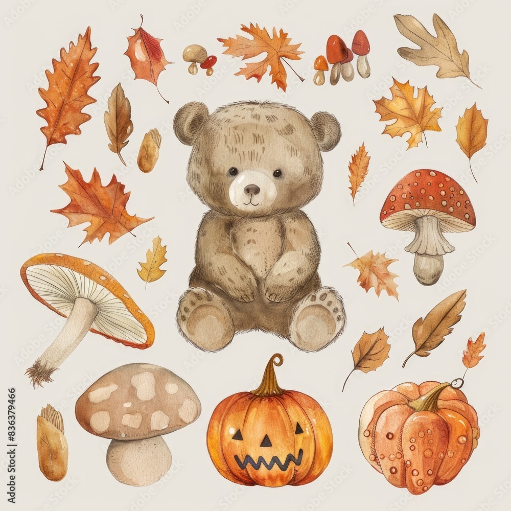 Fototapeta premium Cute Autumn Forest Friends. Hand-painted Watercolor Nursery Set with Adorable Bear and Mushroom