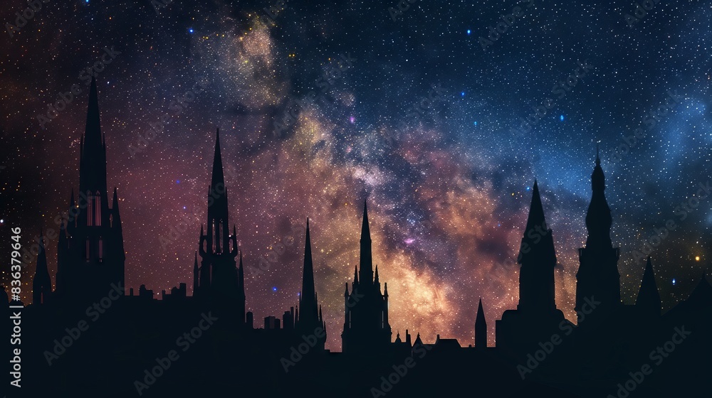 Fototapeta premium A cityscape silhouette with Gothic spires stands majestically under a mesmerizing, starlit sky. Breathtaking.