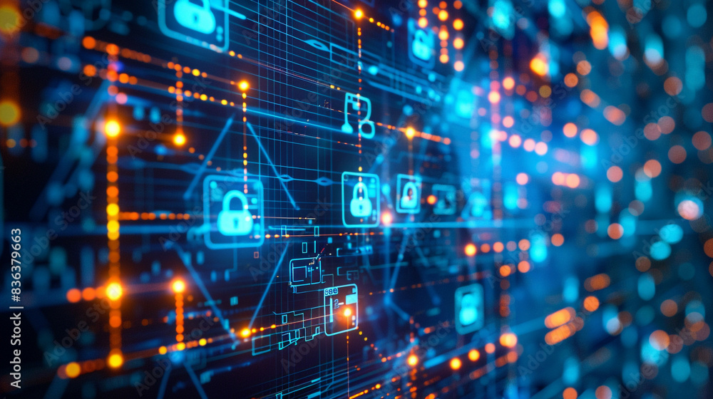 Virtual screen showing cyber security and data protection icons information privacy concept with blue digital background detailed network connections internet and technology focus Virtual screen showing cyber security and data protection icons information privacy concept with blue digital background detailed network connections internet and technology focus